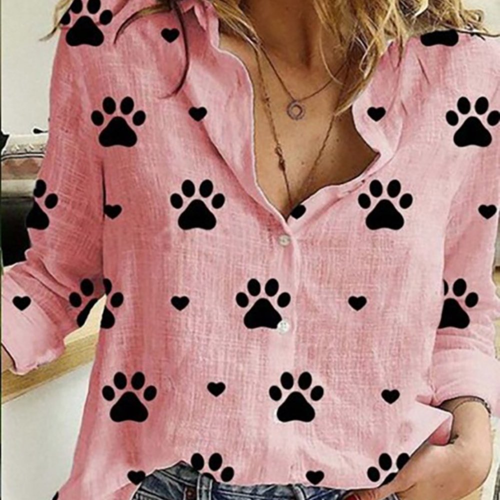 Pink Shirts Button Down Cat Paw Print Top Lady Loose Long Sleeve